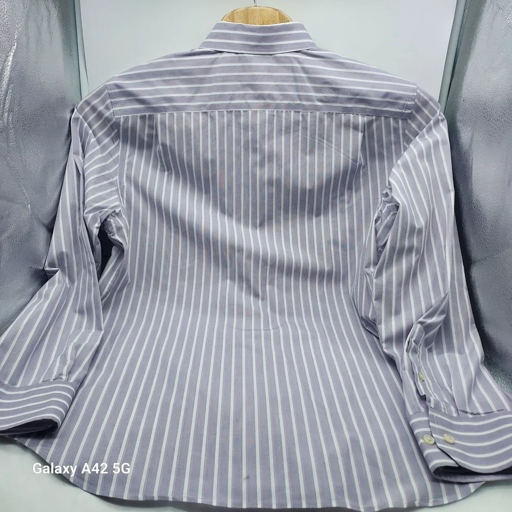 Banana Republic Mens Slim Fit Non Iron Purple White Stripe Dress Shirt XL 17 1/2